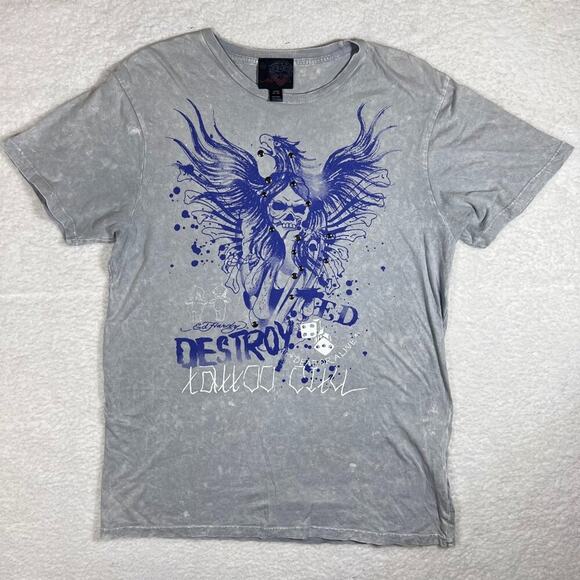 Ed Hardy Skull Embellished Dead or Alive Y2K Tattoo Graphic Gray Blue Men's XL - Picture 1 of 4